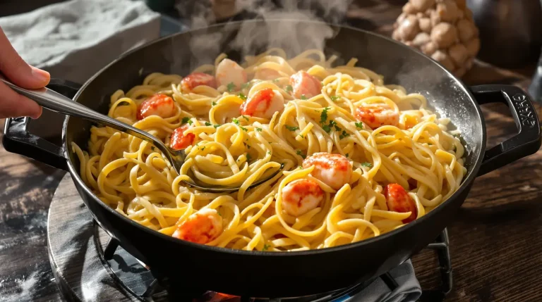 Linguine aux poireaux, crème onctueuse et crevettes vraiment gourmandes